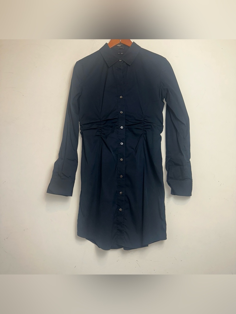 Theory Cerisina Shirt Dress Womens Size 6 Button Front Ruched Waistline Blue
